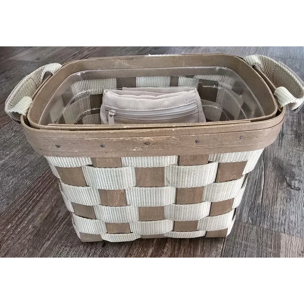 Longaberger Small Tan Green Side Handled To Go Tote Nylon & Wood Basket‎